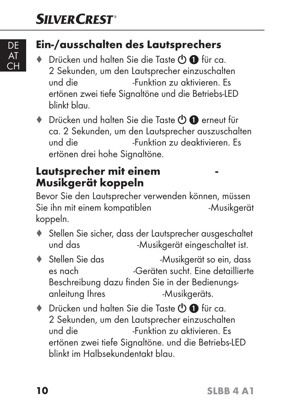 Ein-/ausschalten des lautsprechers, Lautsprecher mit einem, Musikgerät koppeln | Silvercrest SLBB 4 A1 User Manual | Page 13 / 84