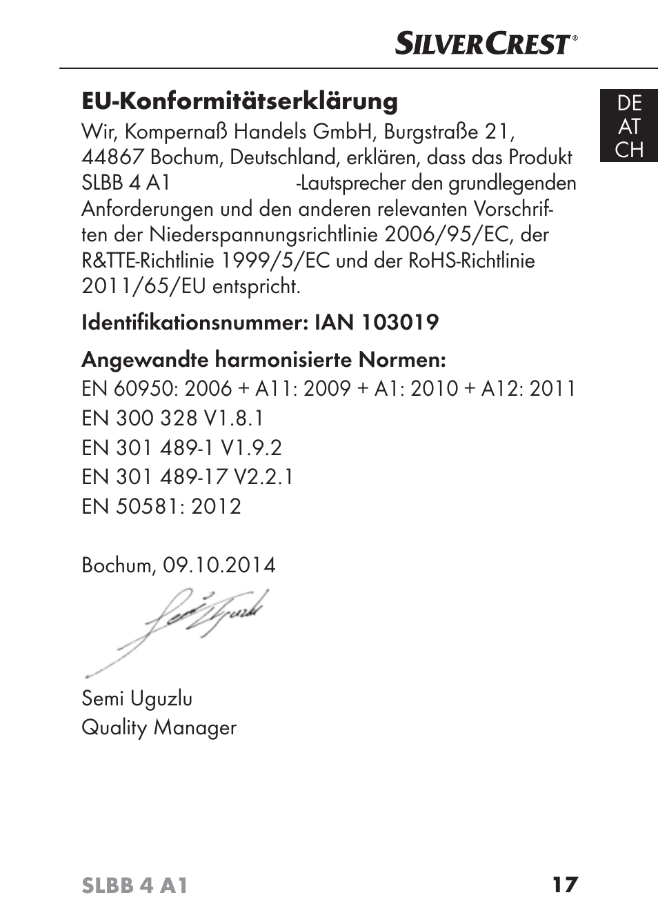 Eu-konformitätserklärung | Silvercrest SLBB 4 A1 User Manual | Page 20 / 84
