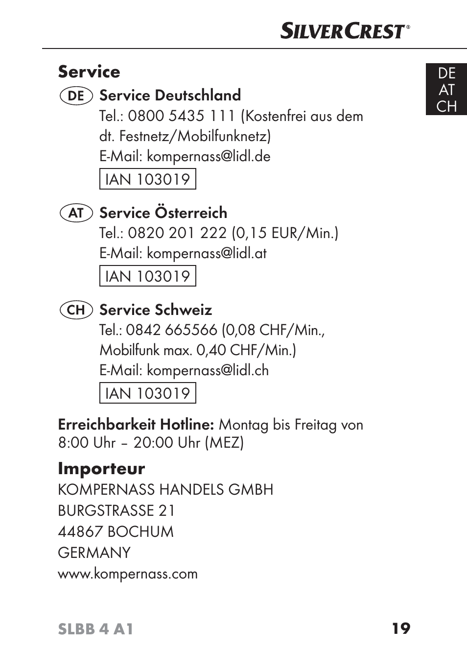 Service, Importeur | Silvercrest SLBB 4 A1 User Manual | Page 22 / 84