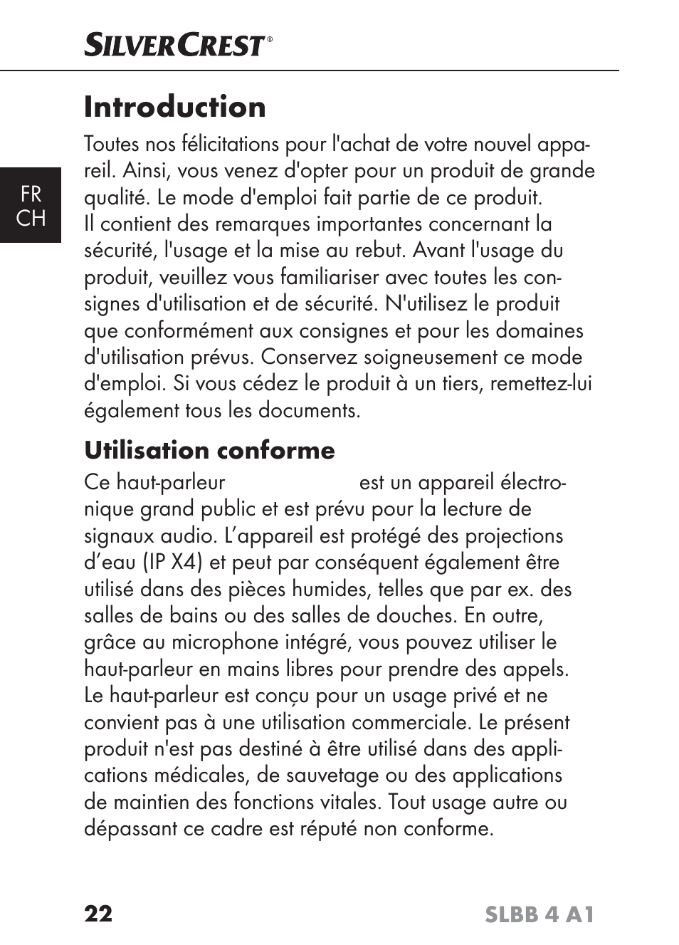 Introduction, Utilisation conforme | Silvercrest SLBB 4 A1 User Manual | Page 25 / 84