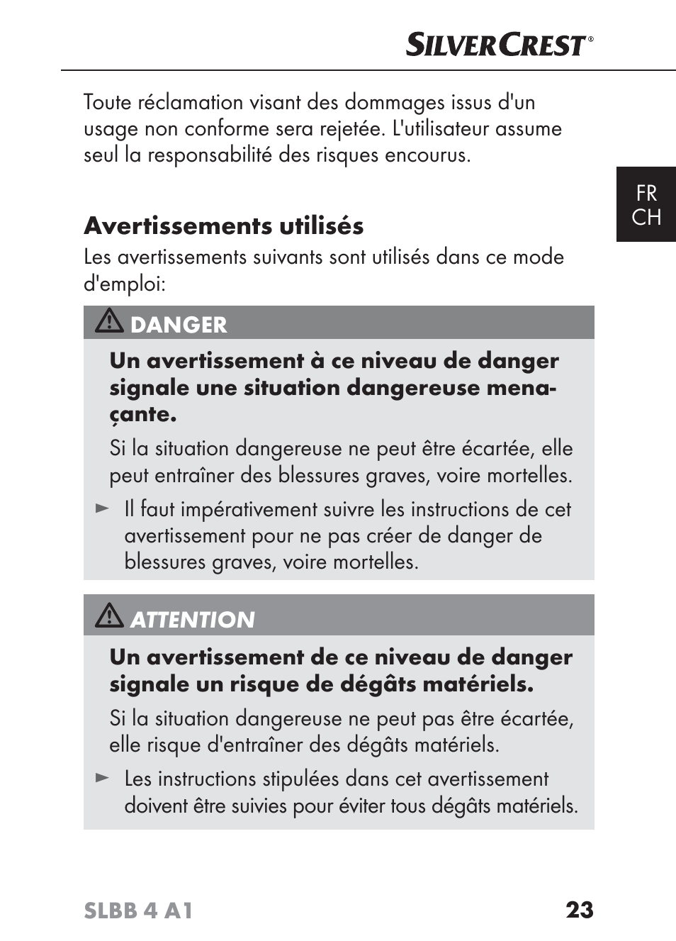 Avertissements utilisés | Silvercrest SLBB 4 A1 User Manual | Page 26 / 84