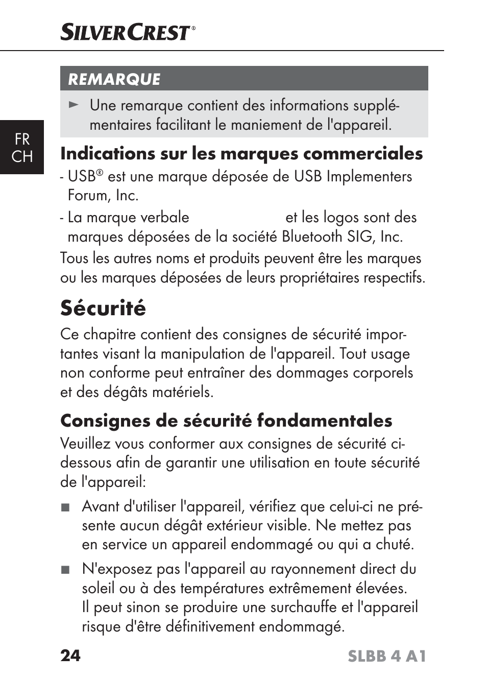 Sécurité, Indications sur les marques commerciales, Consignes de sécurité fondamentales | Silvercrest SLBB 4 A1 User Manual | Page 27 / 84