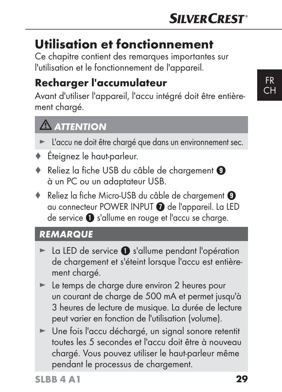 Utilisation et fonctionnement | Silvercrest SLBB 4 A1 User Manual | Page 32 / 84