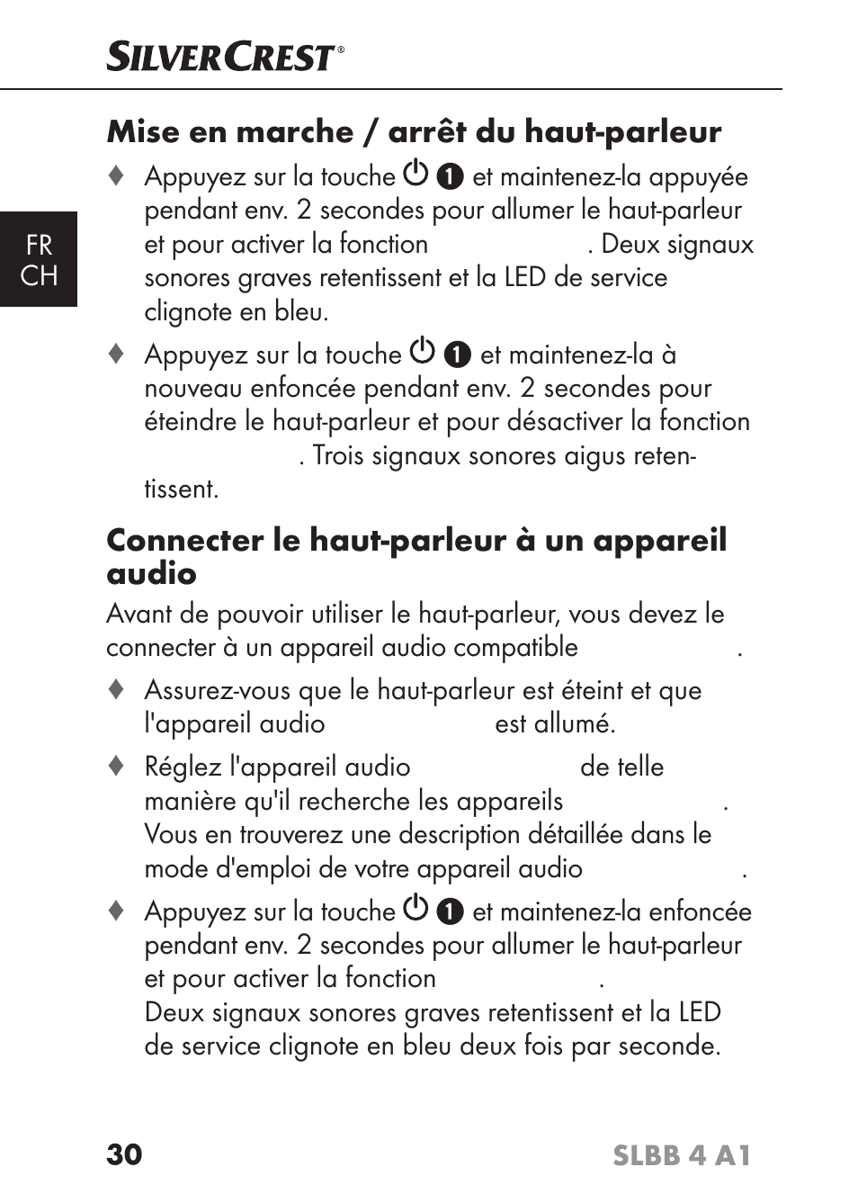 Mise en marche / arrêt du haut-parleur, Connecter le haut-parleur à un appareil audio | Silvercrest SLBB 4 A1 User Manual | Page 33 / 84