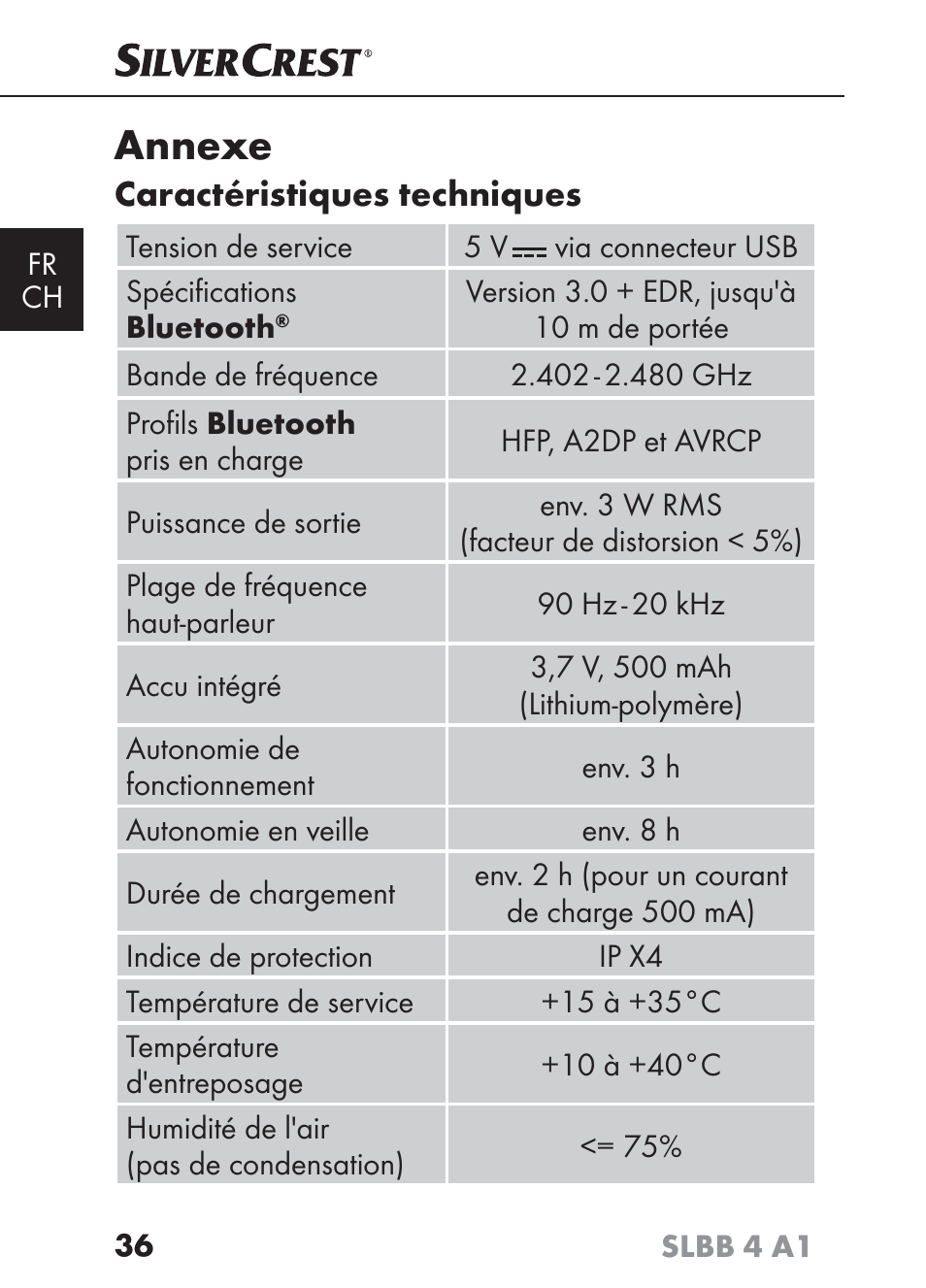 Annexe, Caractéristiques techniques | Silvercrest SLBB 4 A1 User Manual | Page 39 / 84