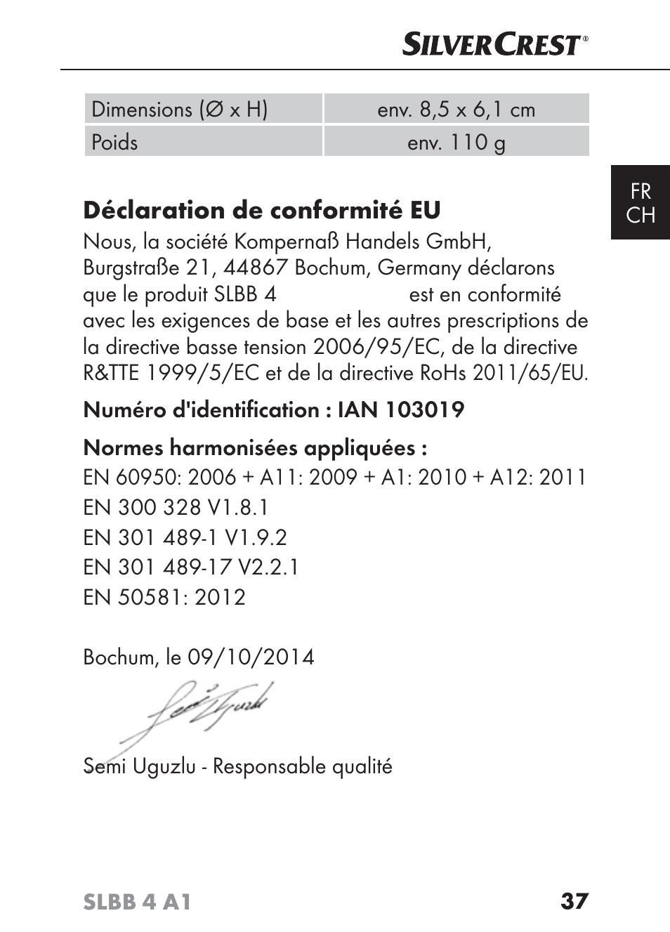 Déclaration de conformité eu | Silvercrest SLBB 4 A1 User Manual | Page 40 / 84