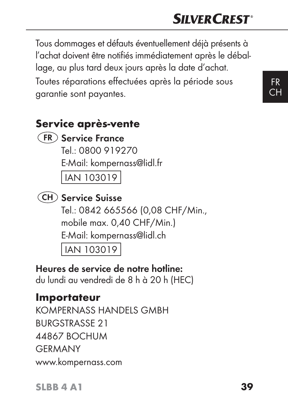 Service après-vente, Importateur | Silvercrest SLBB 4 A1 User Manual | Page 42 / 84