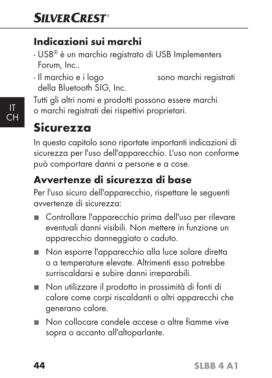 Sicurezza, Indicazioni sui marchi, Avvertenze di sicurezza di base | Silvercrest SLBB 4 A1 User Manual | Page 47 / 84