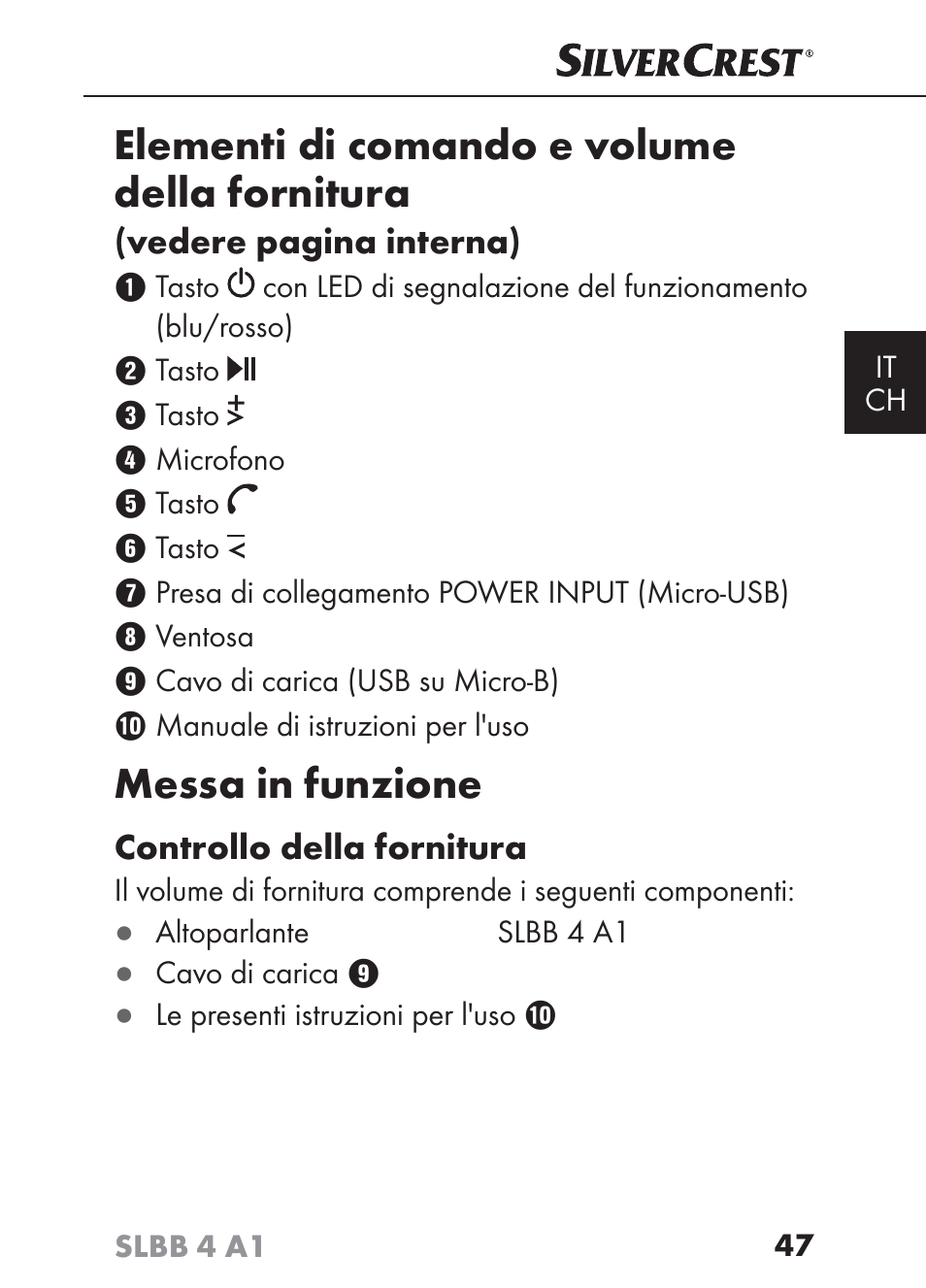 Elementi di comando e volume della fornitura, Messa in funzione | Silvercrest SLBB 4 A1 User Manual | Page 50 / 84