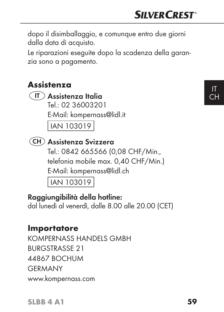 Assistenza, Importatore | Silvercrest SLBB 4 A1 User Manual | Page 62 / 84