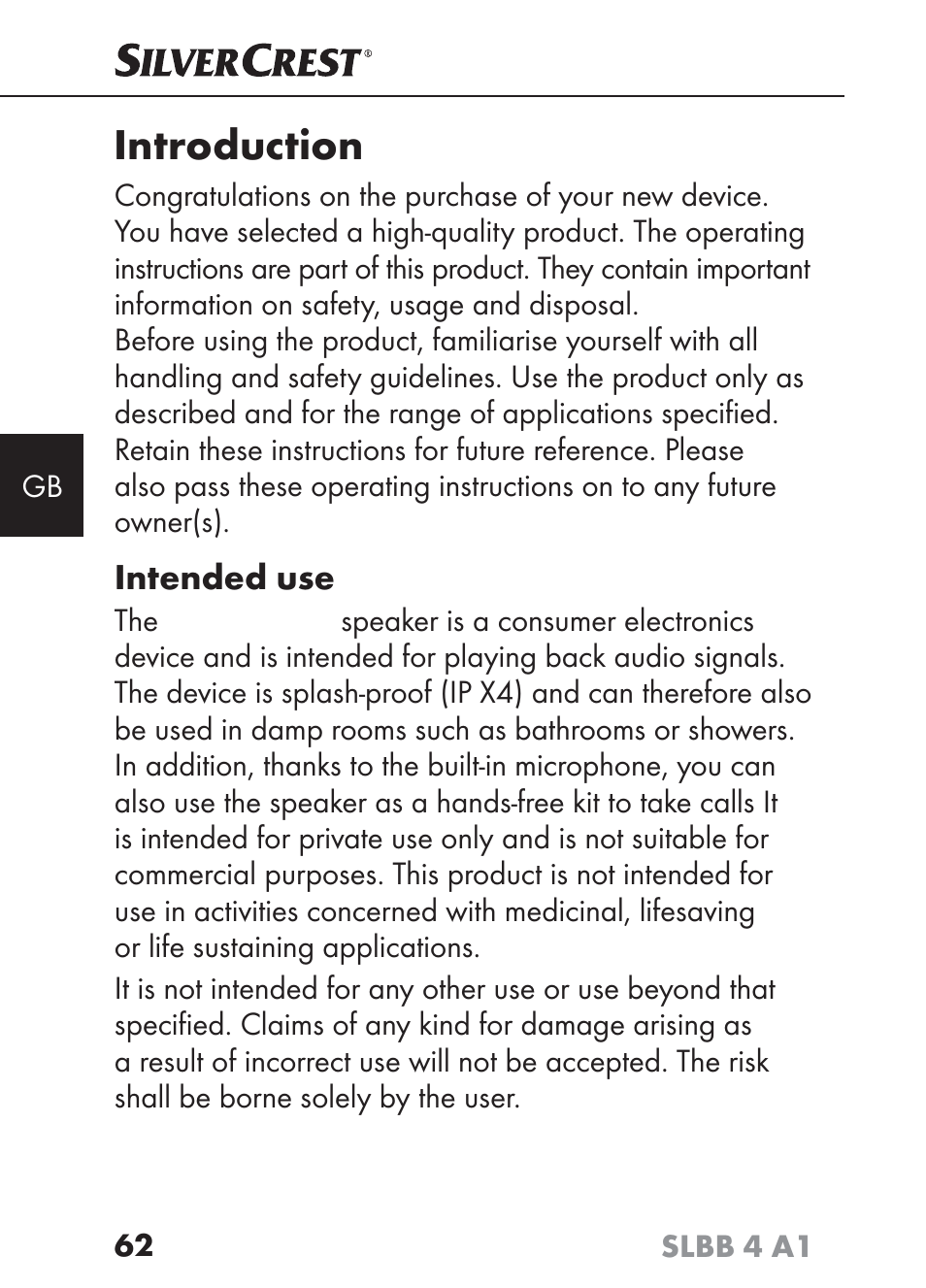 Introduction, Intended use | Silvercrest SLBB 4 A1 User Manual | Page 65 / 84