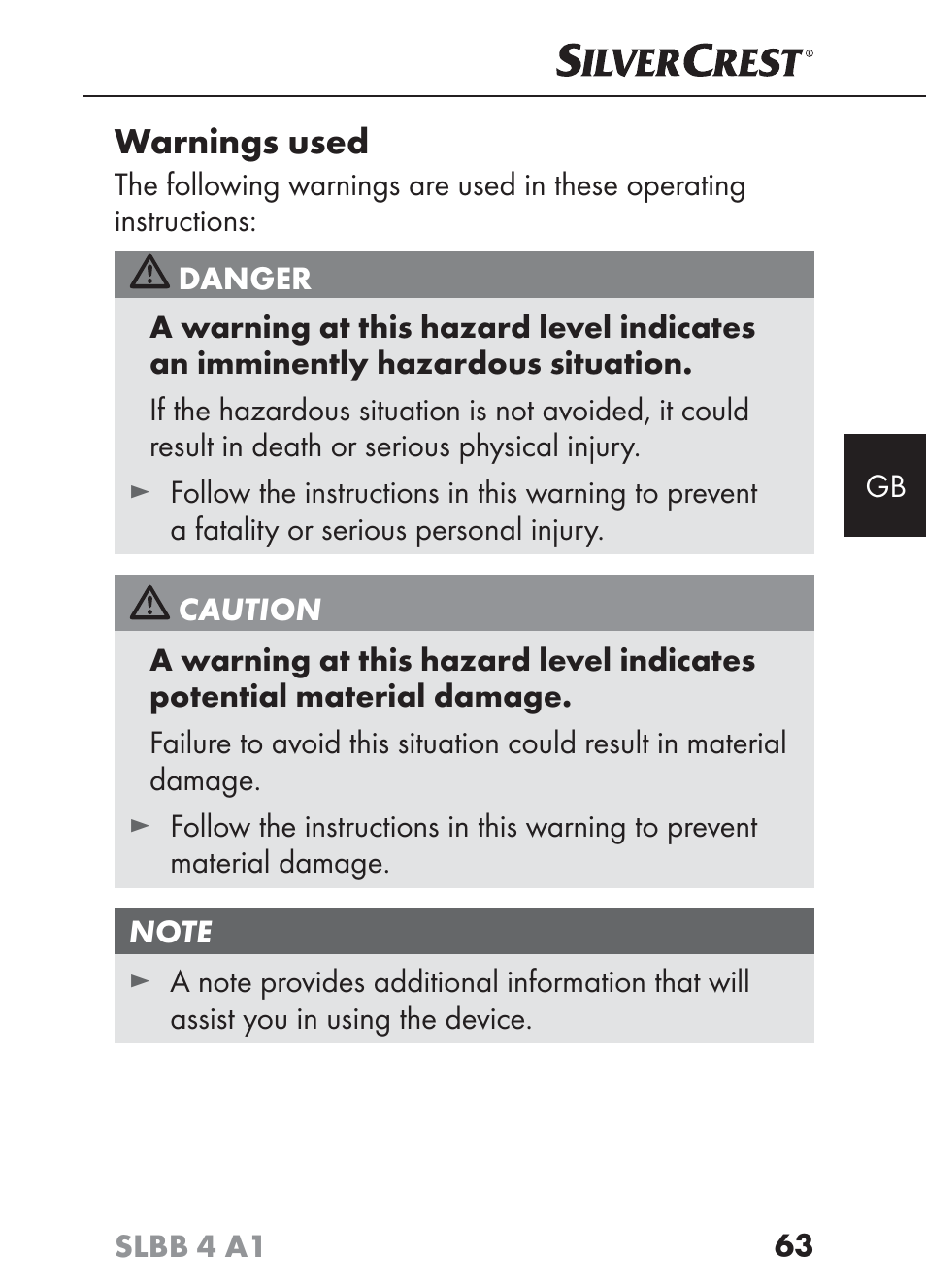 Warnings used | Silvercrest SLBB 4 A1 User Manual | Page 66 / 84