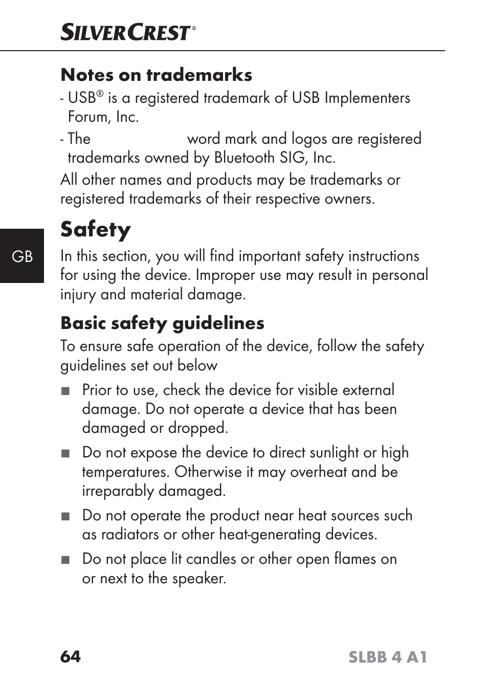 Safety, Basic safety guidelines | Silvercrest SLBB 4 A1 User Manual | Page 67 / 84