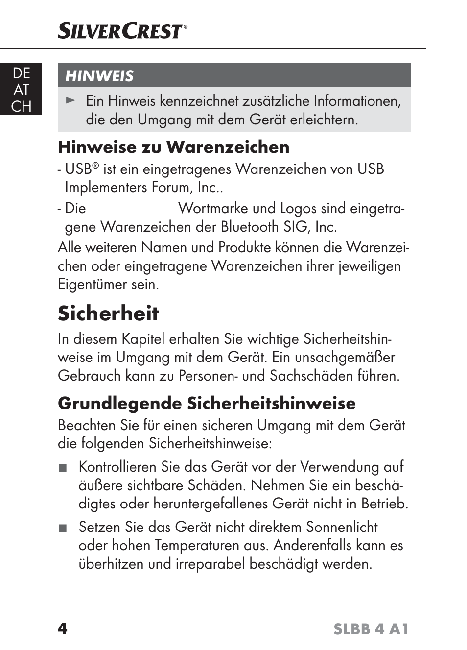 Sicherheit, Hinweise zu warenzeichen, Grundlegende sicherheitshinweise | Silvercrest SLBB 4 A1 User Manual | Page 7 / 84