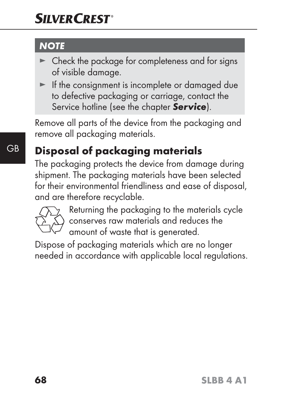Disposal of packaging materials | Silvercrest SLBB 4 A1 User Manual | Page 71 / 84