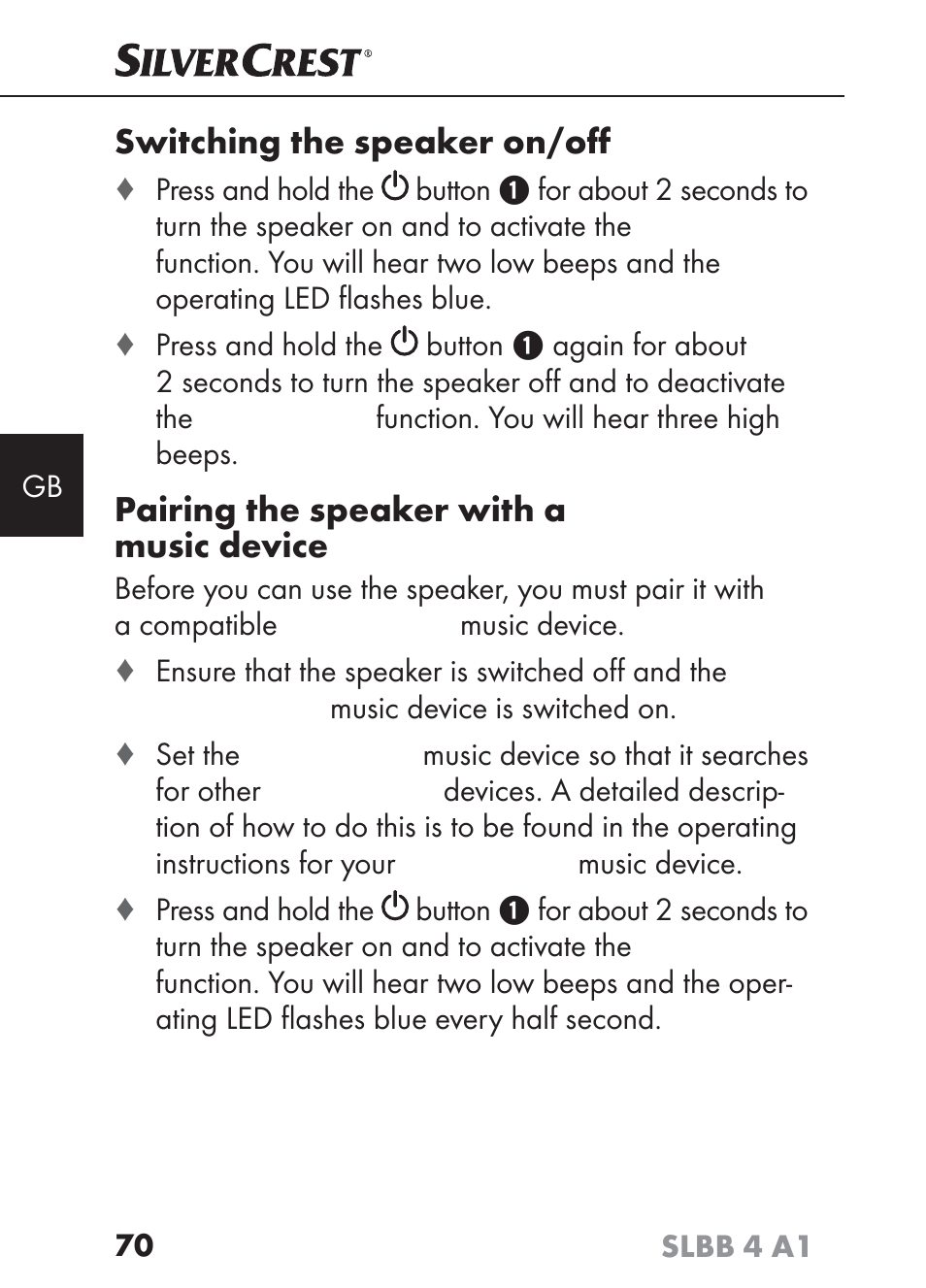 Switching the speaker on/oﬀ, Pairing the speaker with a, Music device | Silvercrest SLBB 4 A1 User Manual | Page 73 / 84
