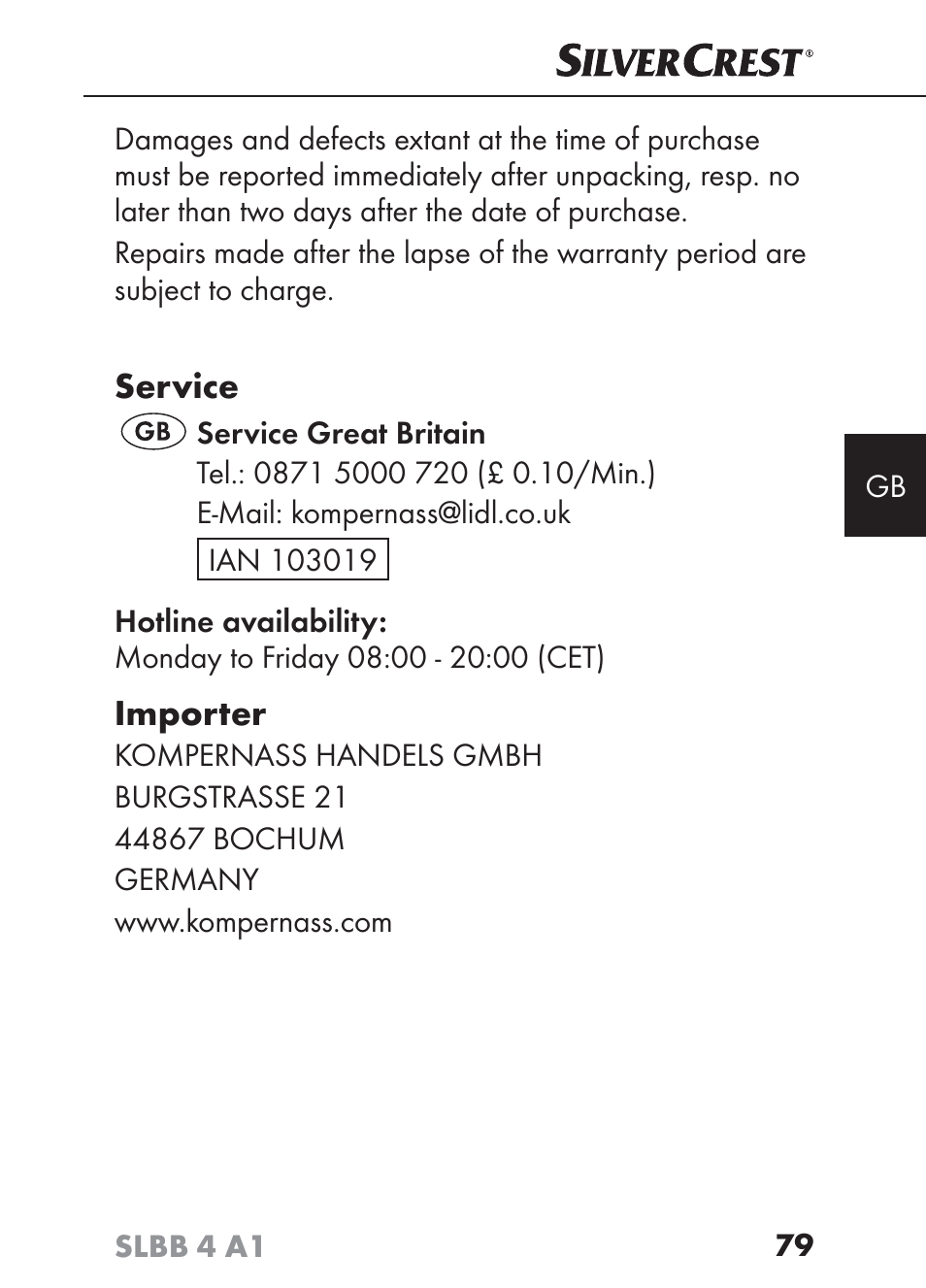 Service, Importer | Silvercrest SLBB 4 A1 User Manual | Page 82 / 84