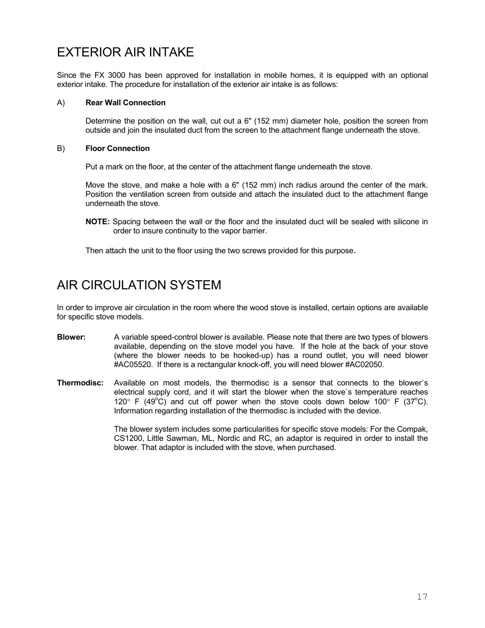Exterior air intake, Air circulation system | Drolet Wood Stove User Manual | Page 17 / 31