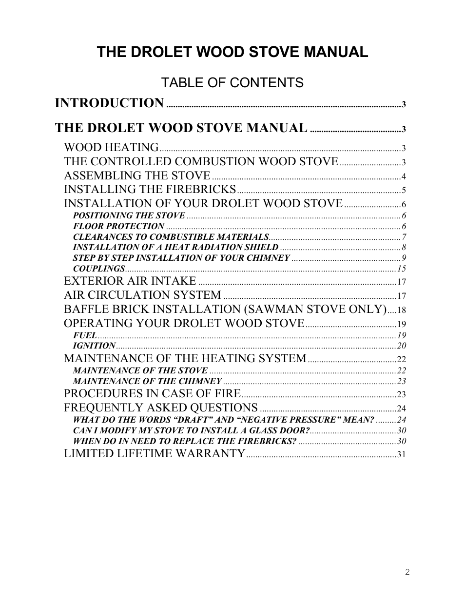 The drolet wood stove manual, Table of contents introduction | Drolet Wood Stove User Manual | Page 2 / 31