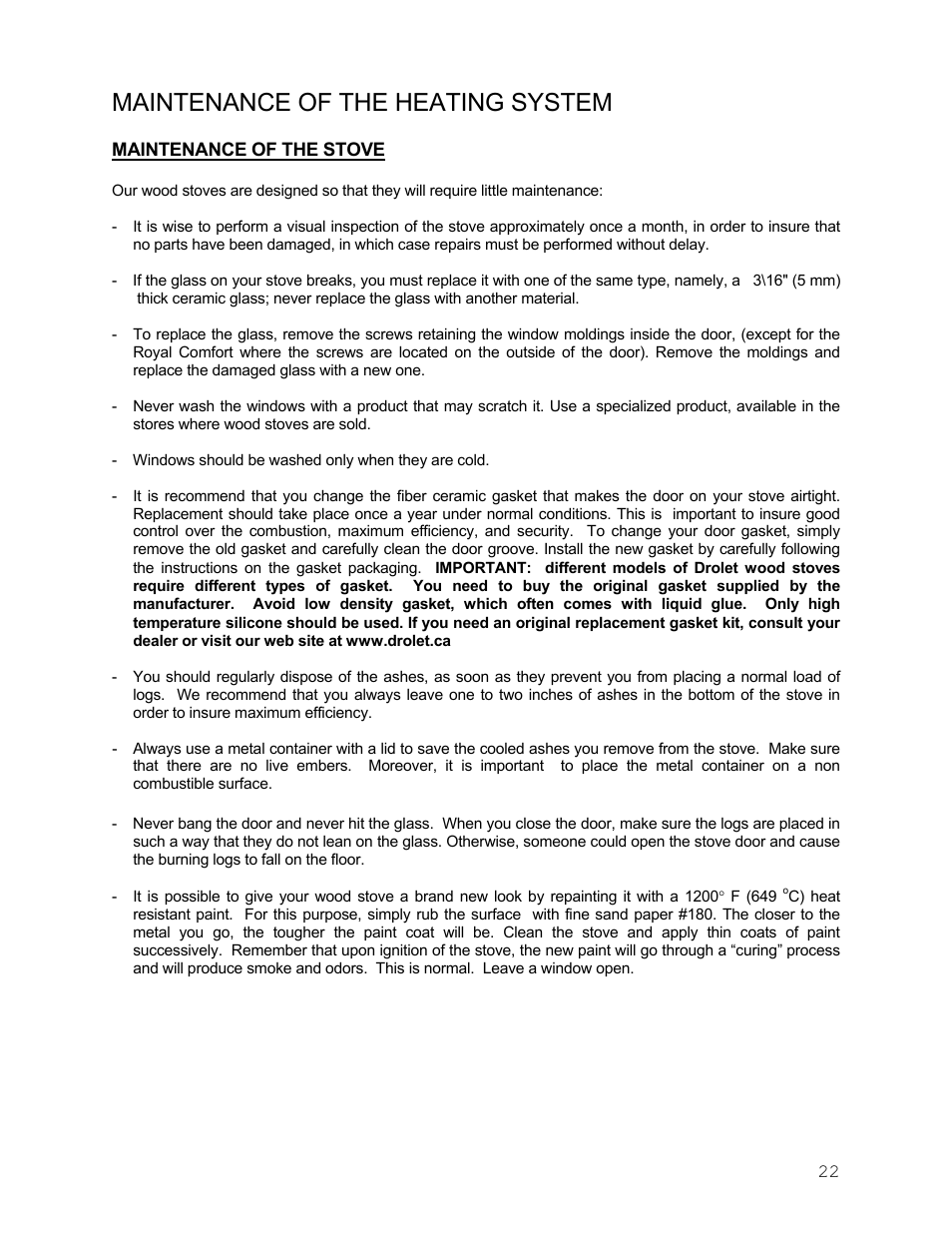 Maintenance of the heating system, Maintenance of the stove | Drolet Wood Stove User Manual | Page 22 / 31