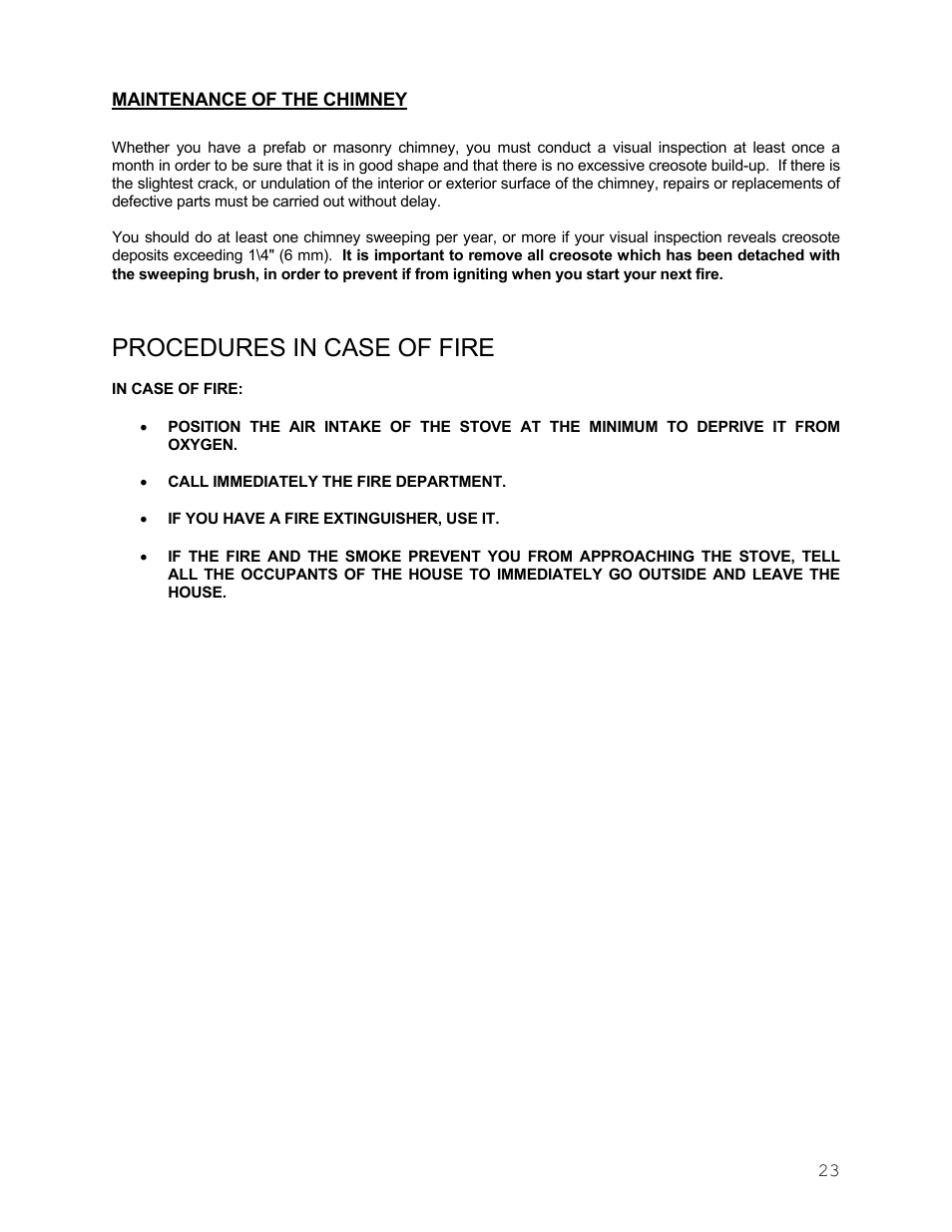 Maintenance of the chimney, Procedures in case of fire | Drolet Wood Stove User Manual | Page 23 / 31