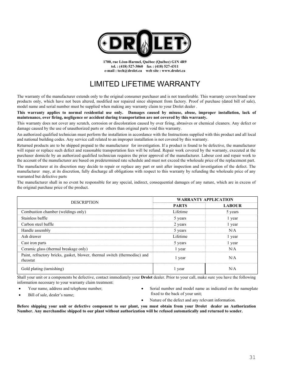 Limited lifetime warranty | Drolet Wood Stove User Manual | Page 31 / 31