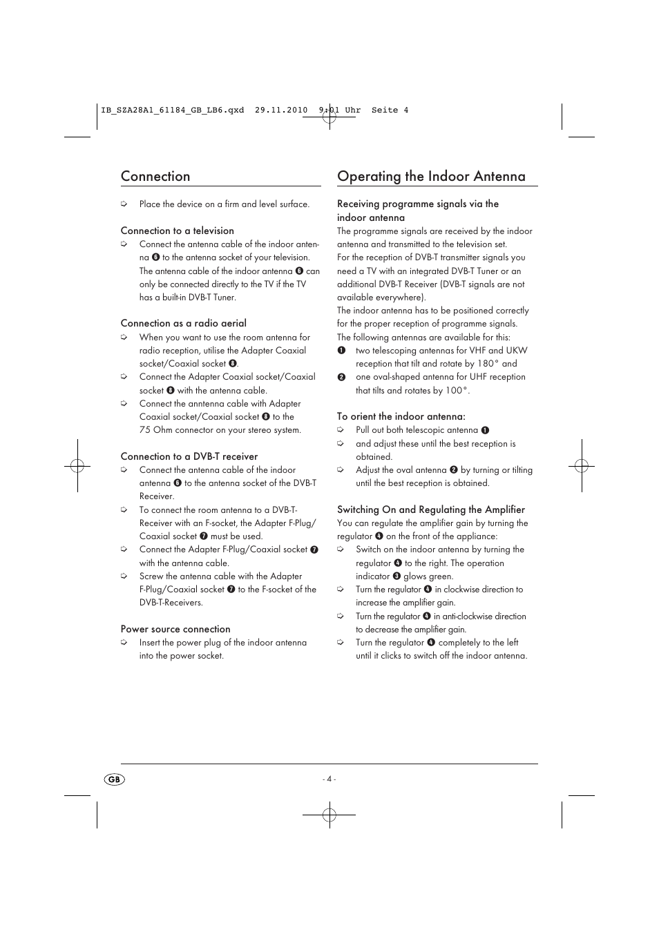 Connection, Operating the indoor antenna | Silvercrest SZA 28 A1 User Manual | Page 6 / 8