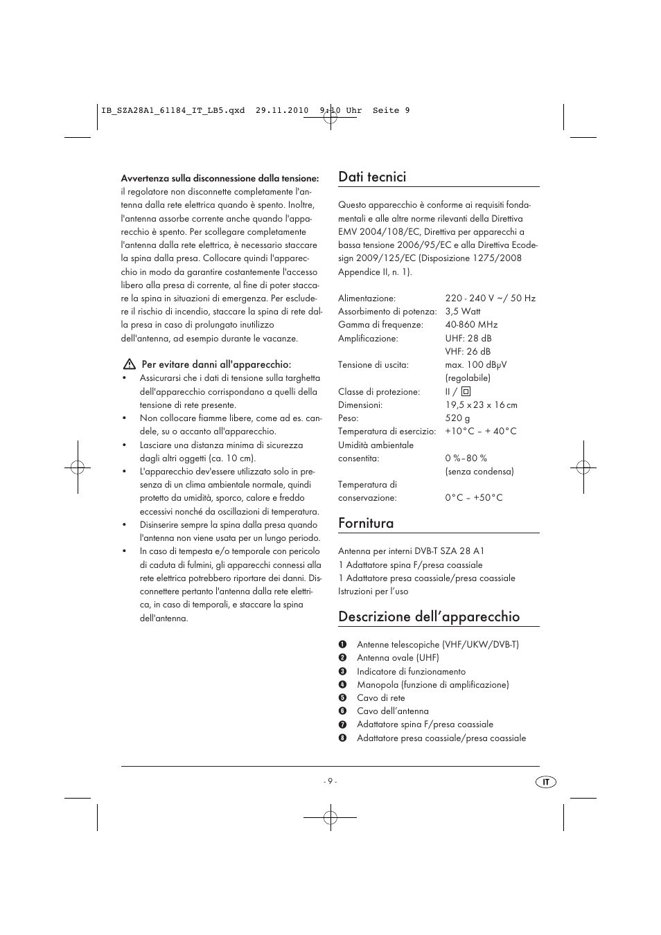Dati tecnici, Fornitura, Descrizione dell’apparecchio | Silvercrest SZA 28 A1 User Manual | Page 11 / 32