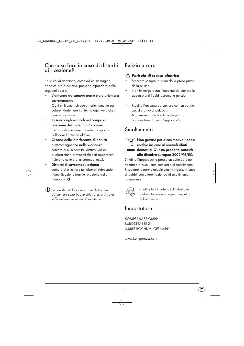 Che cosa fare in caso di disturbi di ricezione, Pulizia e cura, Smaltimento | Importatore | Silvercrest SZA 28 A1 User Manual | Page 13 / 32