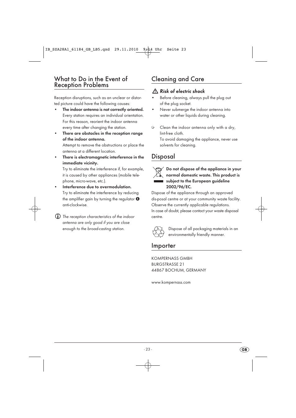 What to do in the event of reception problems, Cleaning and care, Disposal | Importer | Silvercrest SZA 28 A1 User Manual | Page 25 / 32