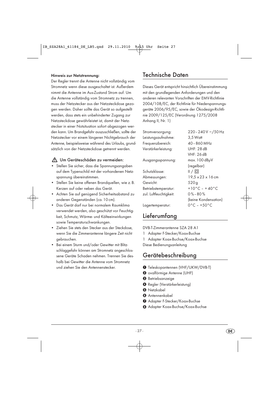 Technische daten, Lieferumfang, Gerätebeschreibung | Silvercrest SZA 28 A1 User Manual | Page 29 / 32