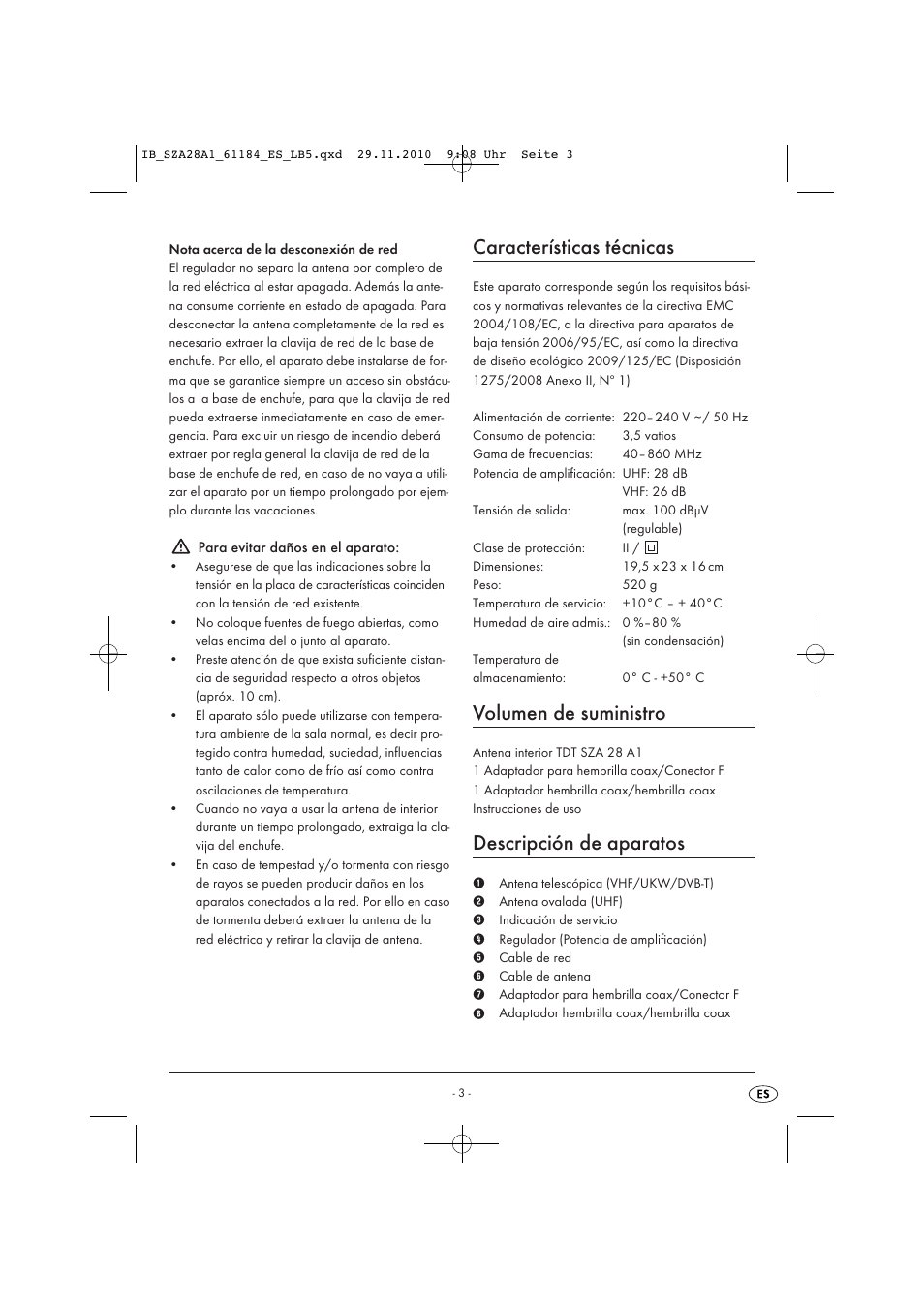 Características técnicas, Volumen de suministro, Descripción de aparatos | Silvercrest SZA 28 A1 User Manual | Page 5 / 32