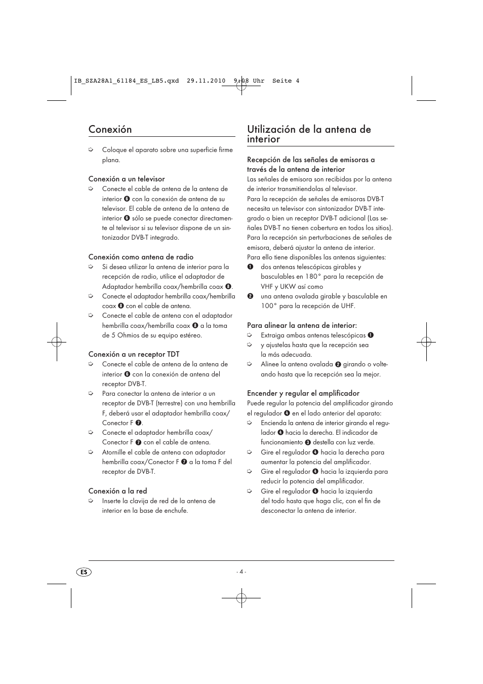 Conexión, Utilización de la antena de interior | Silvercrest SZA 28 A1 User Manual | Page 6 / 32