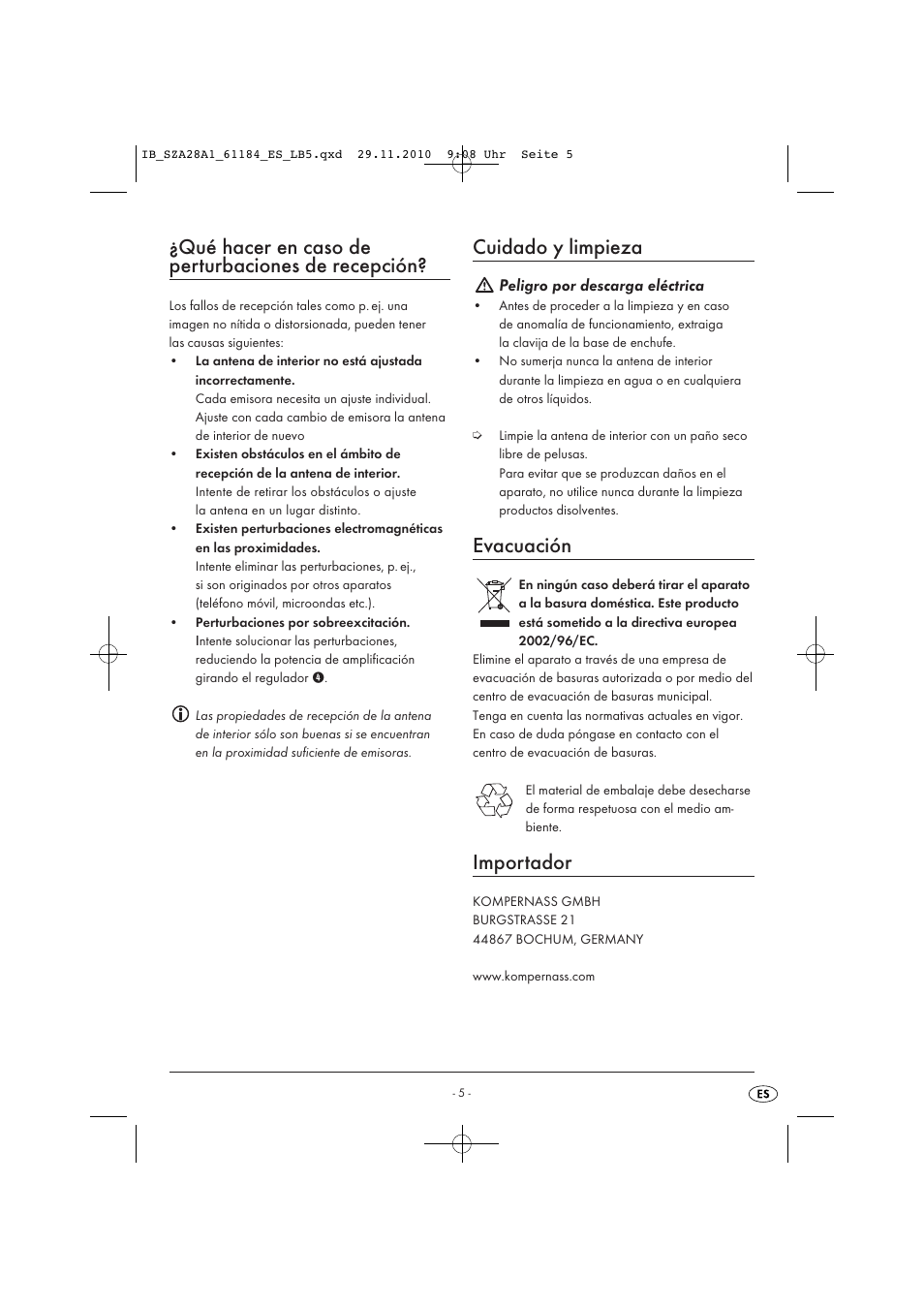 Qué hacer en caso de perturbaciones de recepción, Cuidado y limpieza, Evacuación | Importador | Silvercrest SZA 28 A1 User Manual | Page 7 / 32
