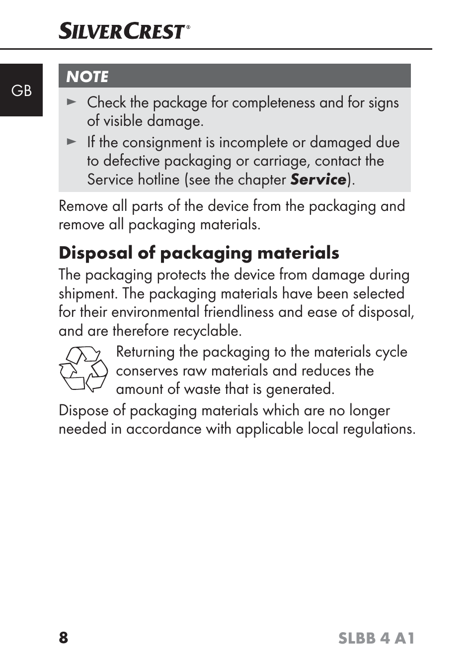 Disposal of packaging materials | Silvercrest SLBB 4 A1 User Manual | Page 11 / 64