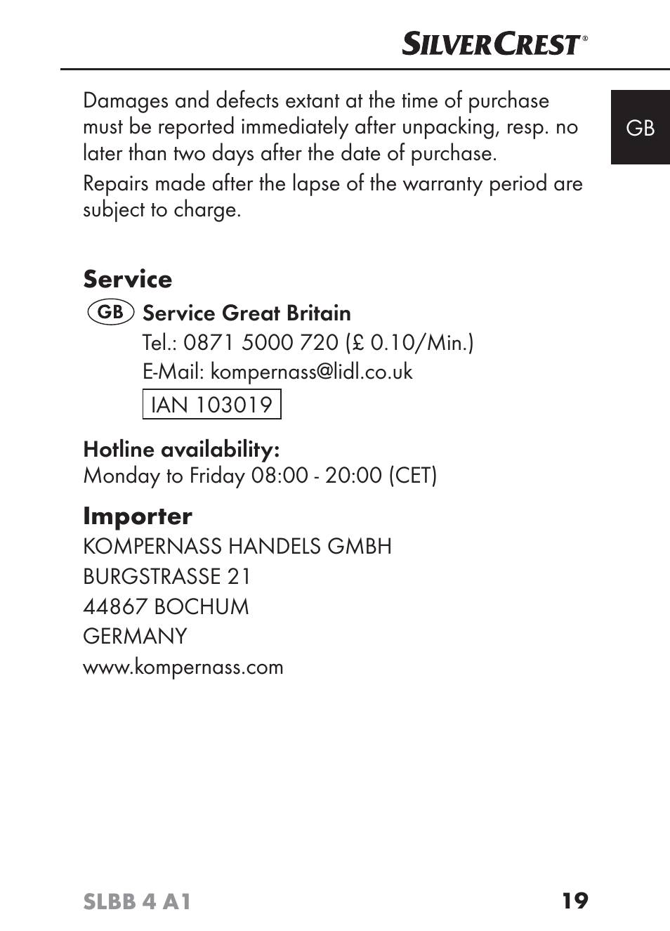 Service, Importer | Silvercrest SLBB 4 A1 User Manual | Page 22 / 64