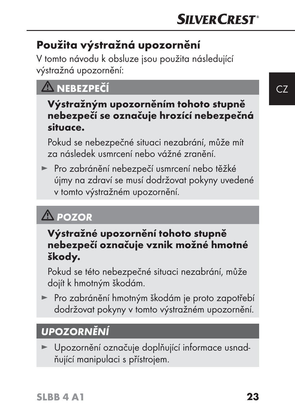 Použita výstražná upozornění | Silvercrest SLBB 4 A1 User Manual | Page 26 / 64