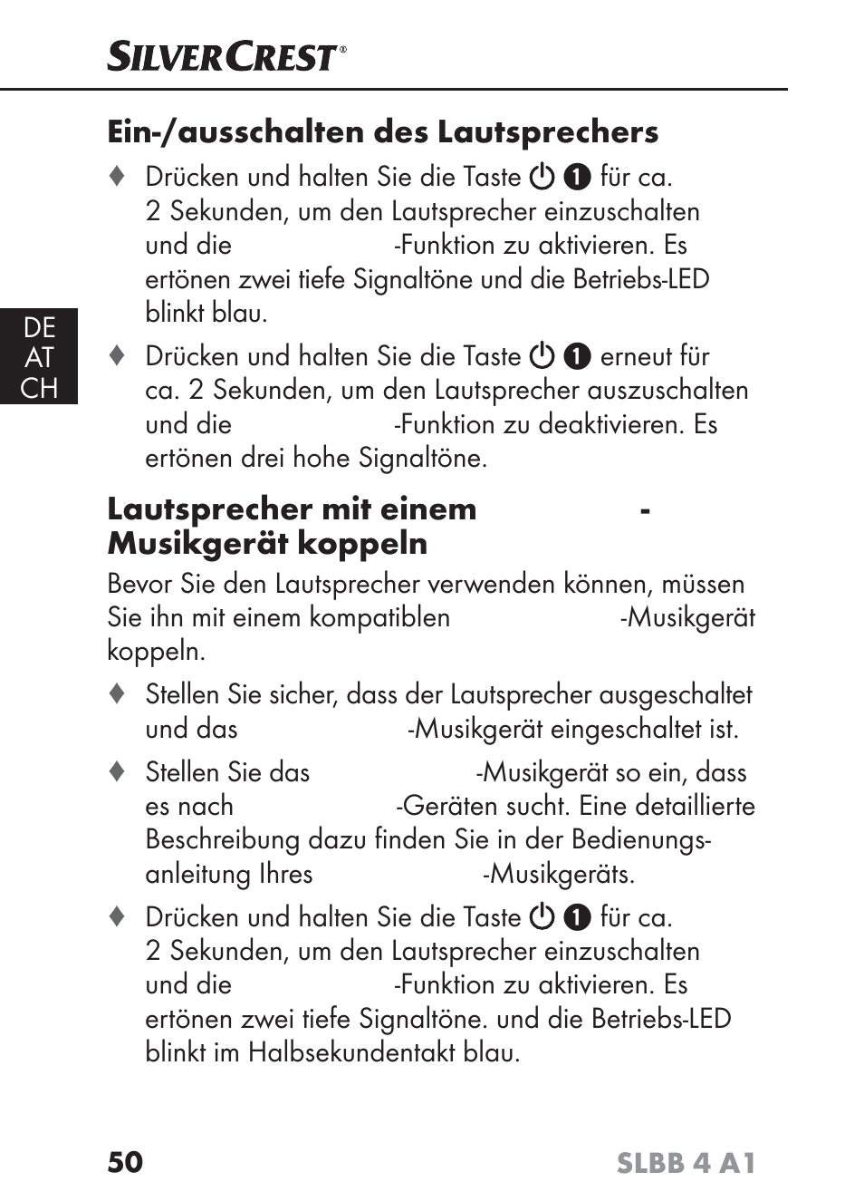 Ein-/ausschalten des lautsprechers, Lautsprecher mit einem, Musikgerät koppeln | Silvercrest SLBB 4 A1 User Manual | Page 53 / 64