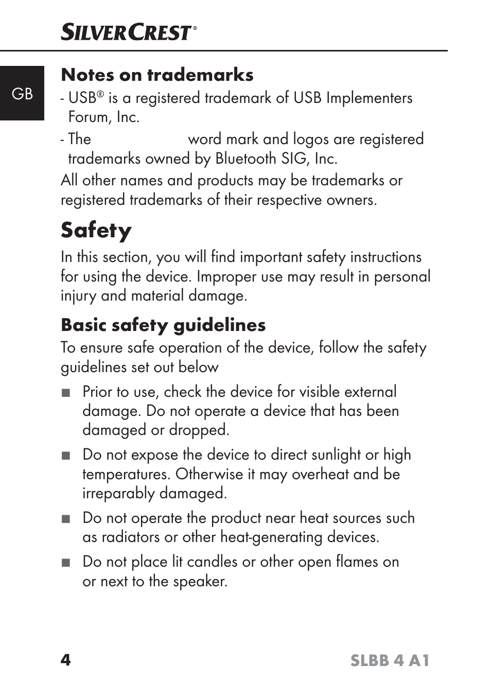 Safety, Basic safety guidelines | Silvercrest SLBB 4 A1 User Manual | Page 7 / 64