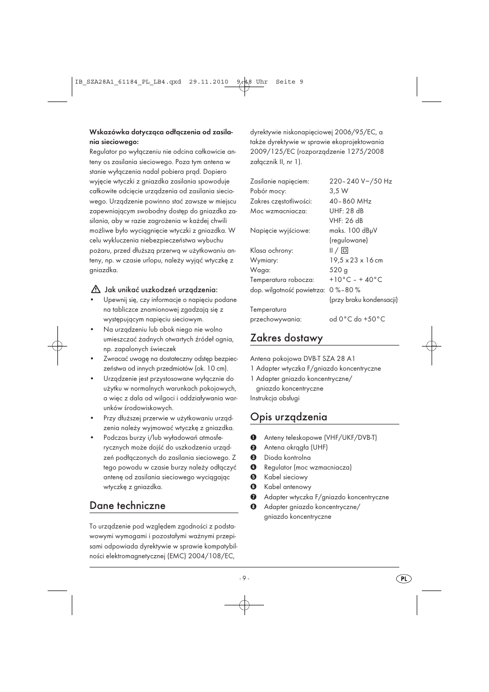Dane techniczne, Zakres dostawy, Opis urządzenia | Silvercrest SZA 28 A1 User Manual | Page 11 / 44