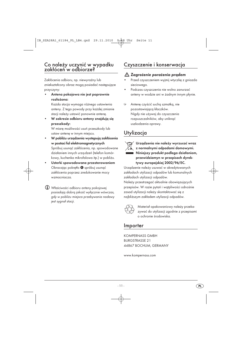 Co należy uczynić w wypadku zakłóceń w odbiorze, Czyszczenie i konserwacja, Utylizacja | Importer | Silvercrest SZA 28 A1 User Manual | Page 13 / 44