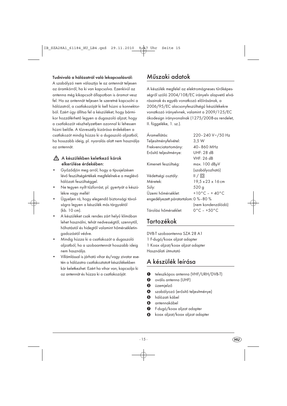 Műszaki adatok, Tartozékok, A készülék leírása | Silvercrest SZA 28 A1 User Manual | Page 17 / 44