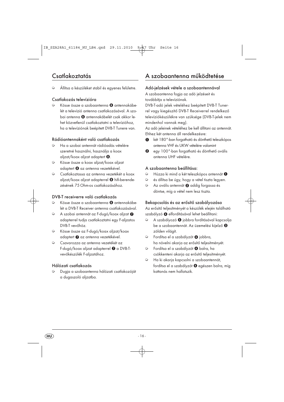 Csatlakoztatás, A szobaantenna működtetése | Silvercrest SZA 28 A1 User Manual | Page 18 / 44