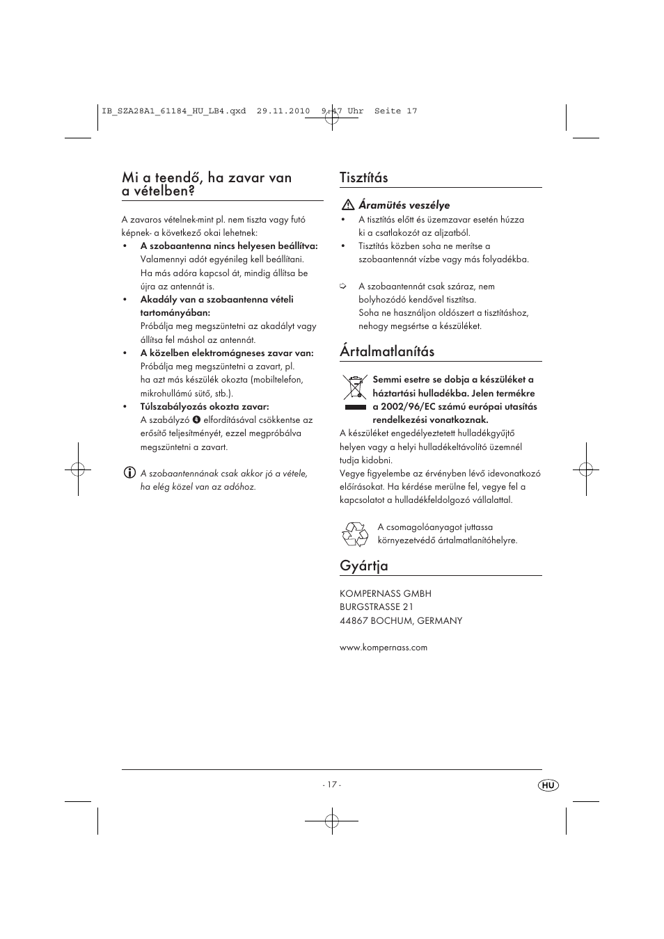 Mi a teendő, ha zavar van a vételben, Tisztítás, Ártalmatlanítás | Gyártja | Silvercrest SZA 28 A1 User Manual | Page 19 / 44