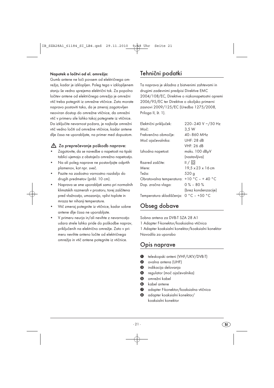 Tehnični podatki, Obseg dobave, Opis naprave | Silvercrest SZA 28 A1 User Manual | Page 23 / 44