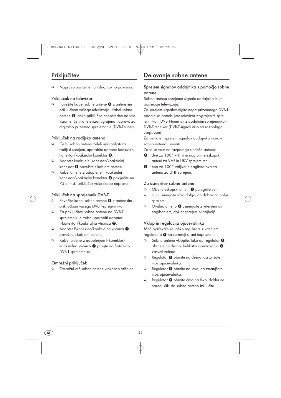 Priključitev, Delovanje sobne antene | Silvercrest SZA 28 A1 User Manual | Page 24 / 44