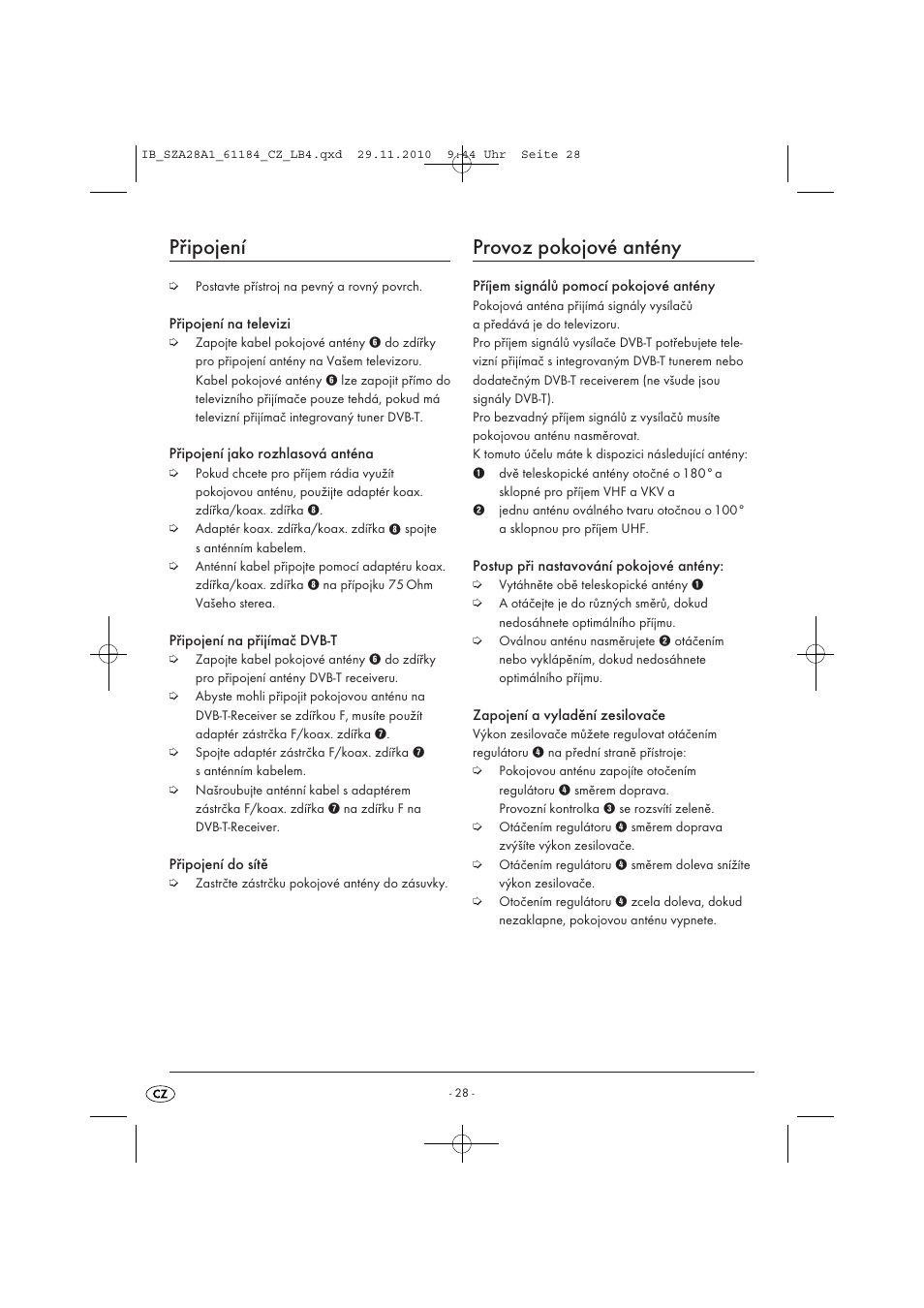 Připojení, Provoz pokojové antény | Silvercrest SZA 28 A1 User Manual | Page 30 / 44