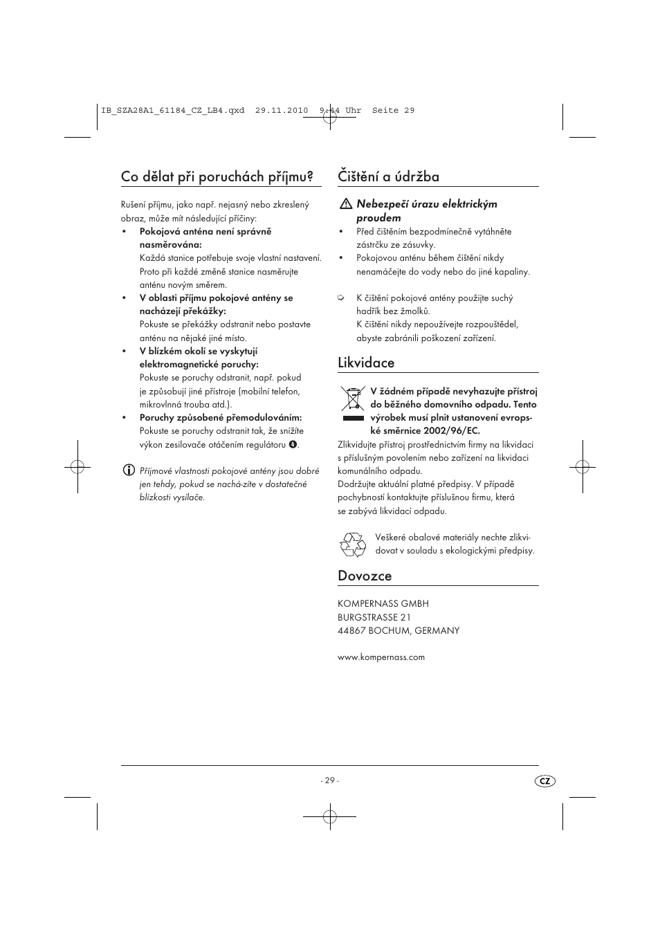 Co dělat při poruchách příjmu, Čištění a údržba, Likvidace | Dovozce | Silvercrest SZA 28 A1 User Manual | Page 31 / 44