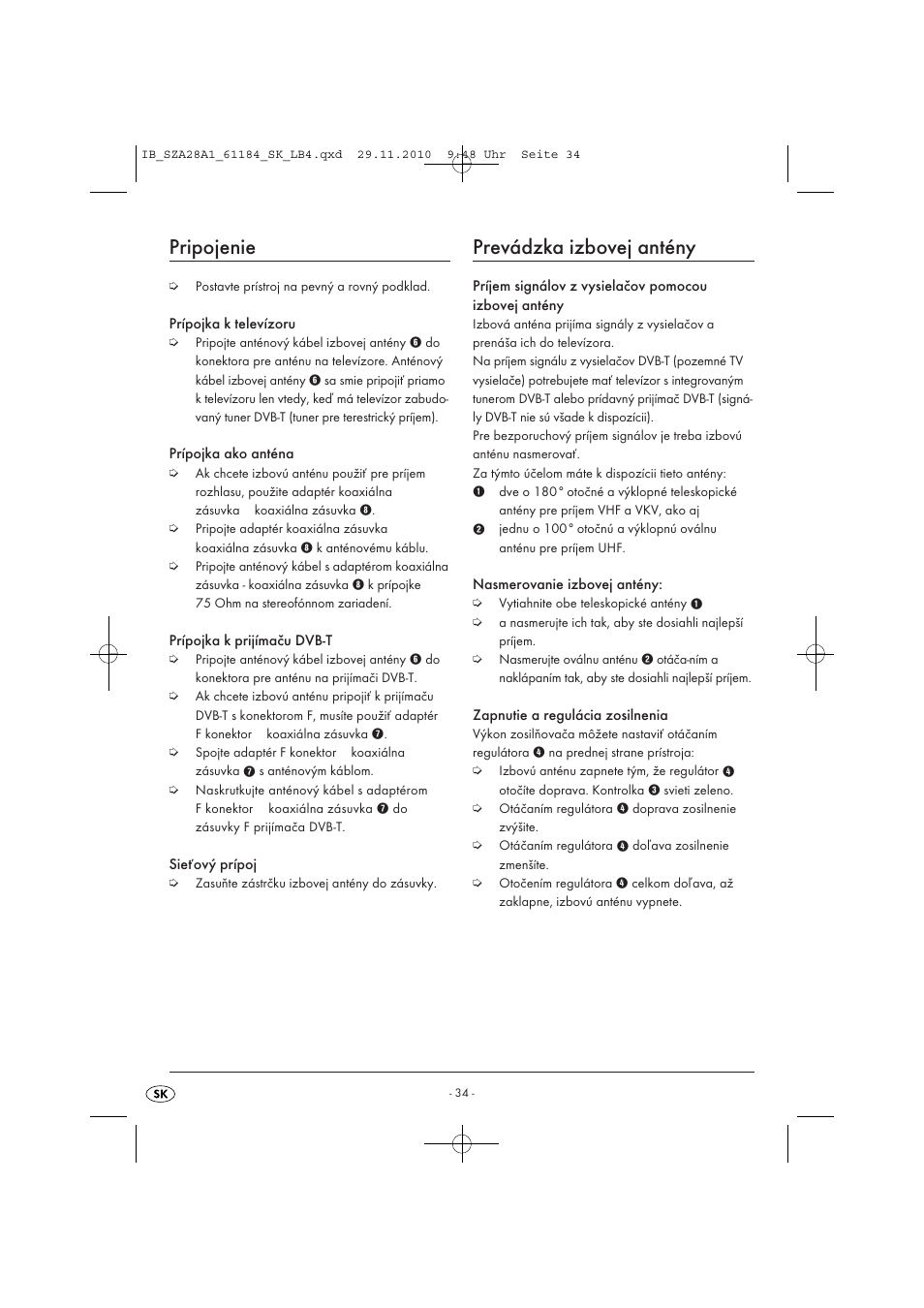 Pripojenie, Prevádzka izbovej antény | Silvercrest SZA 28 A1 User Manual | Page 36 / 44