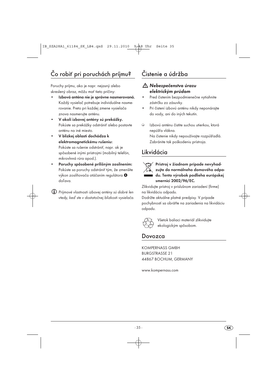 Čo robiť pri poruchách príjmu, Čistenie a údržba, Likvidácia | Dovozca | Silvercrest SZA 28 A1 User Manual | Page 37 / 44